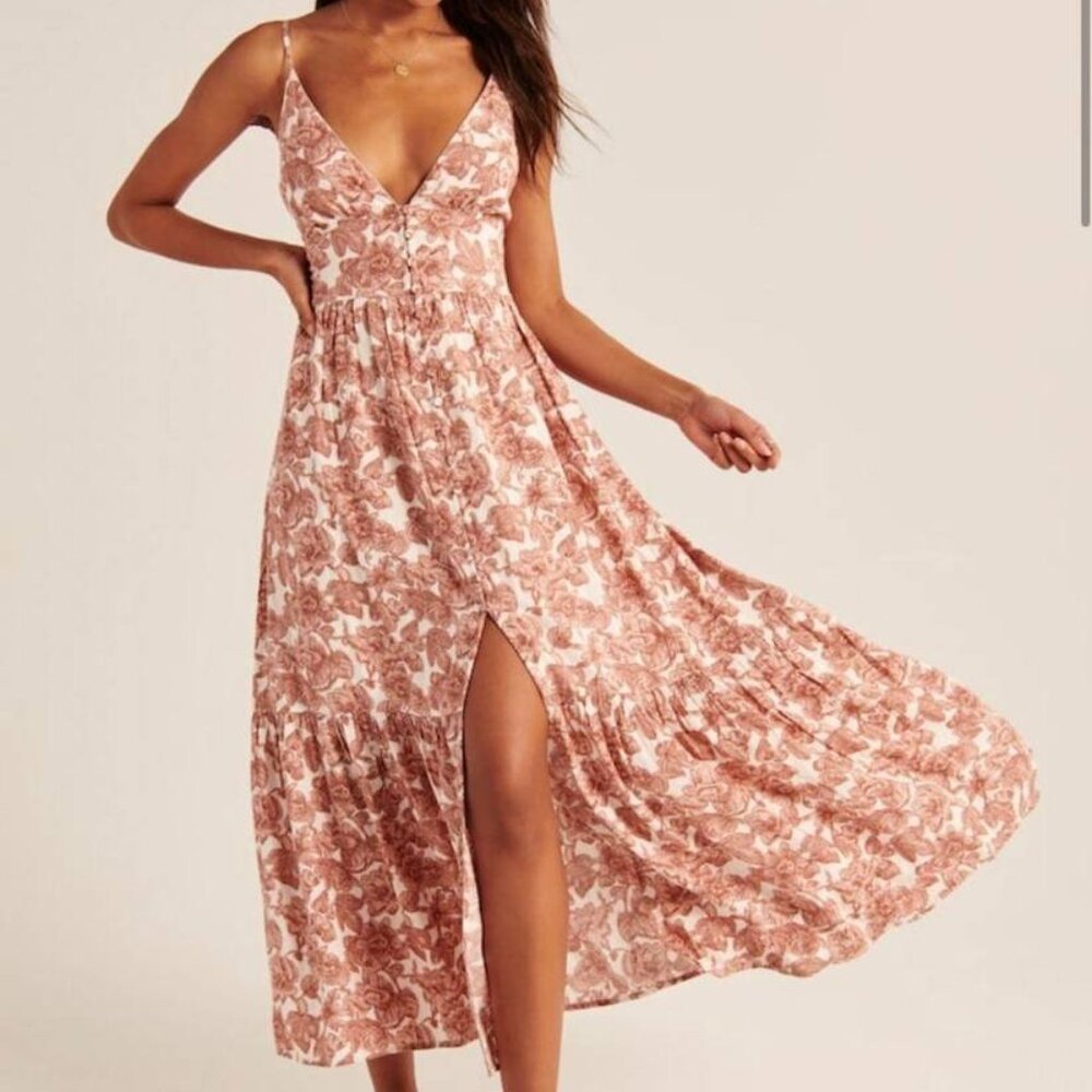 Abercrombie & Fitch Maxi A-Line Dress Size M Womans White Tan Floral Linen Blend